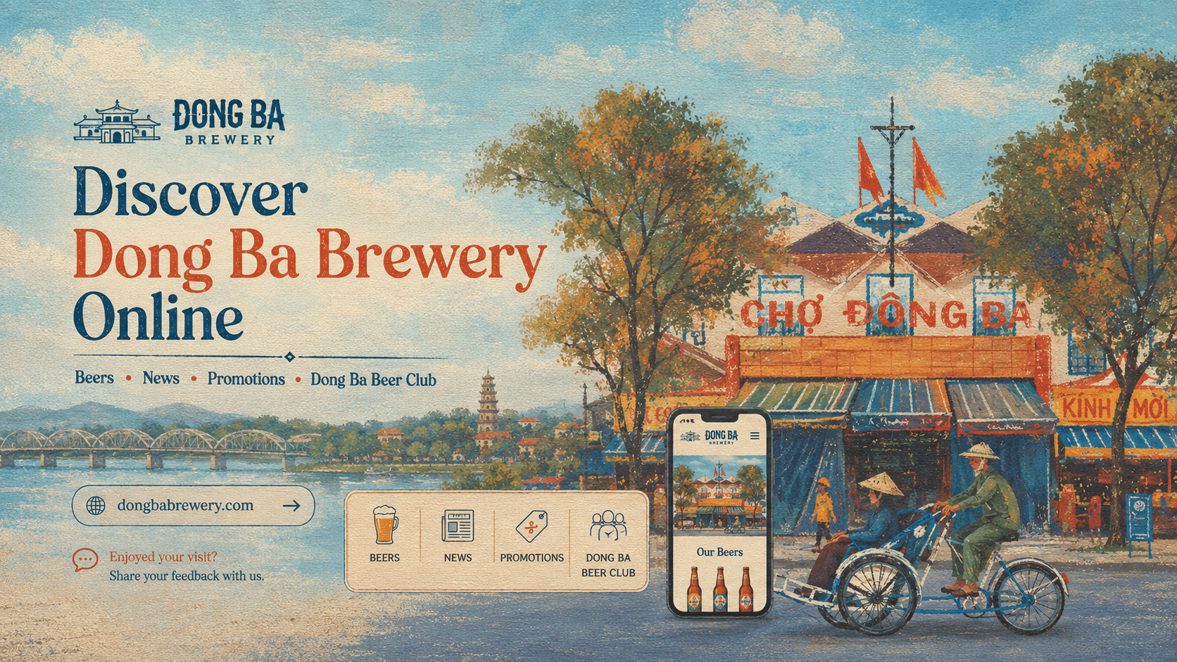 Minh họa website Đông Ba Brewery với mục bia, tin tức, ưu đãi và Beer Club