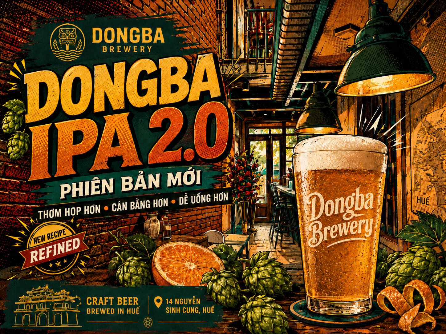 Minh họa giới thiệu Dongba Market IPA phiên bản mới với ly bia và hoa bia