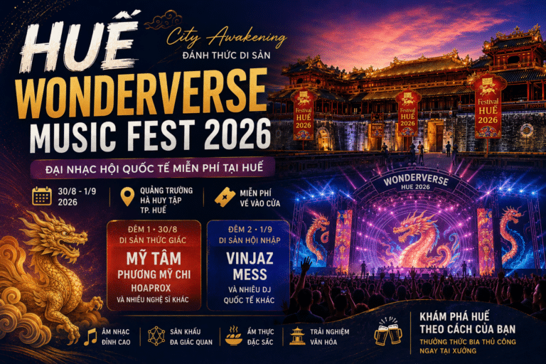 Poster Huế Wonderverse Music Fest 2026 với sân khấu âm nhạc và kiến trúc Huế
