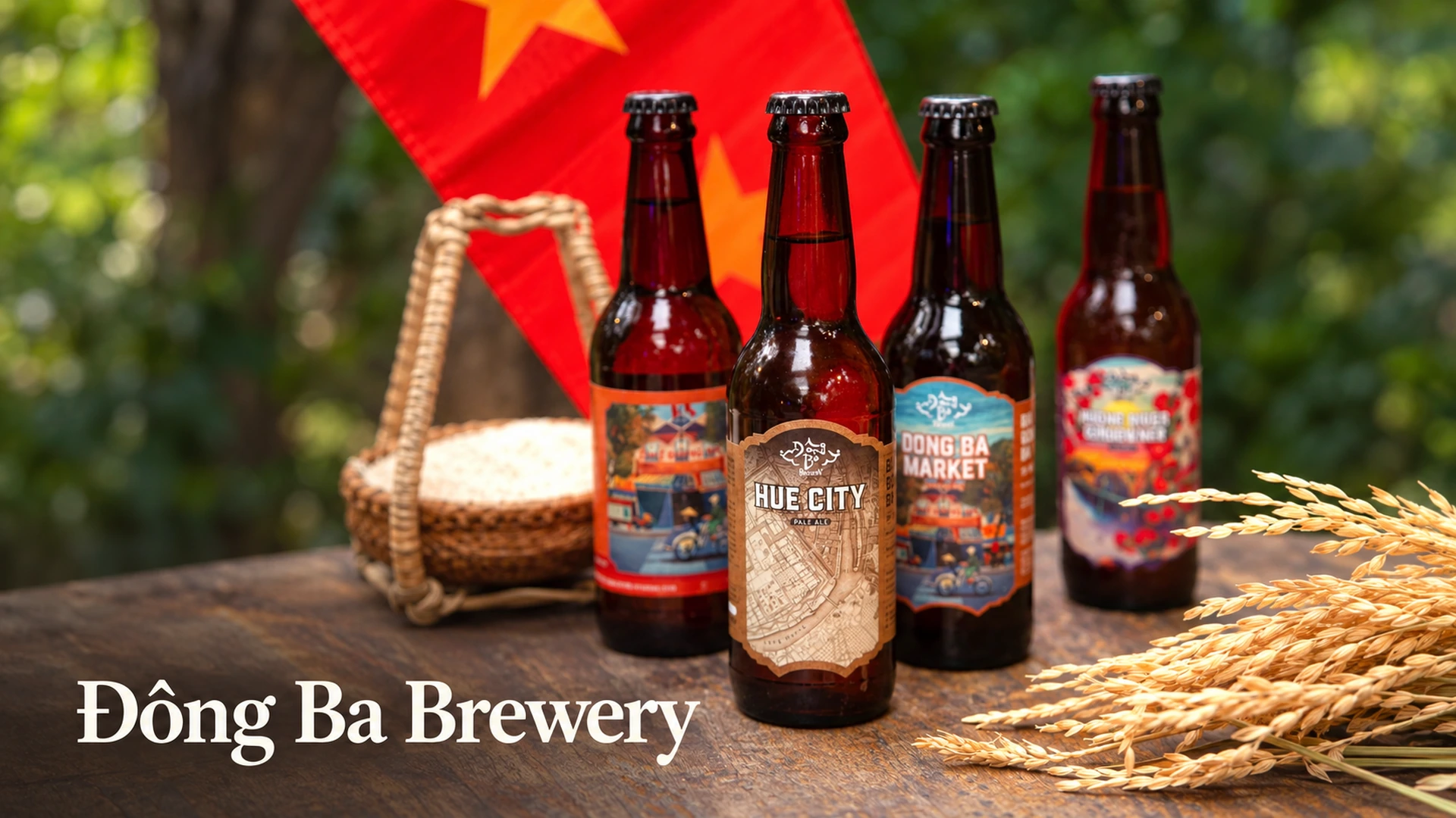 Bottled Đông Ba craft beers with Huế City Pale Ale in front