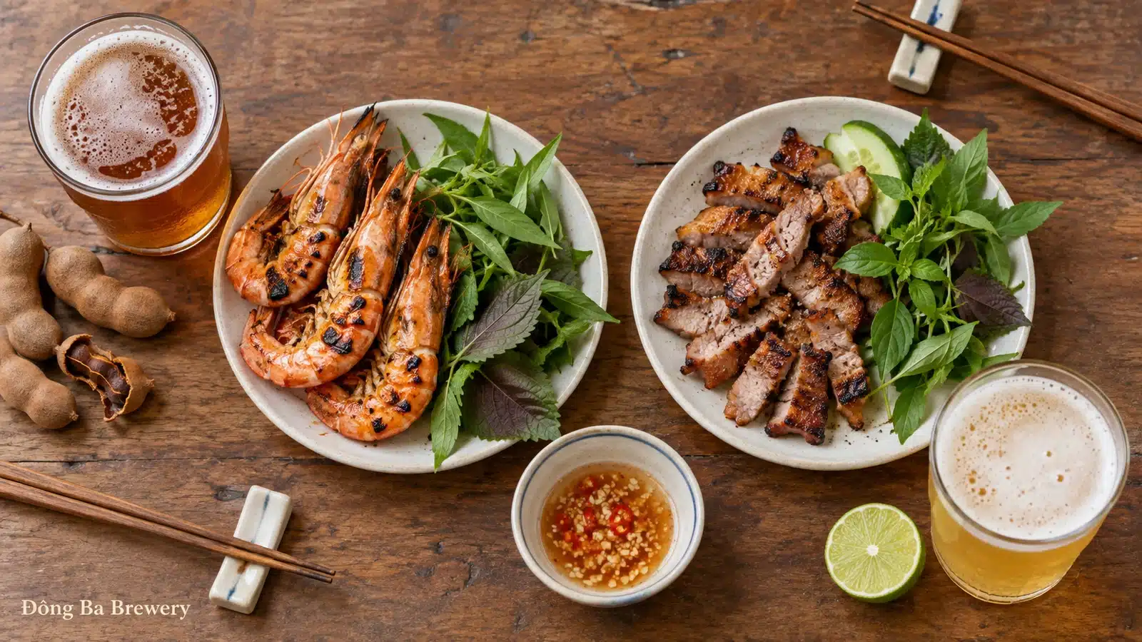 Minh họa bia me và bia chanh muối bên món nướng, tôm và rau thơm